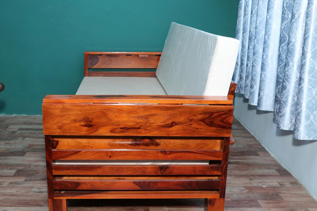 Mewar Furniture Solid Wood Sofa Cum Bed for Living & Bedroom | 3 Seater Sofa Cum Bed - Honey Finish| 3-Person Sofa, Brown